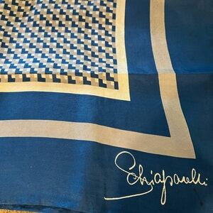 Vintage Schiaparelli Scarf for Glentex Blue White Gray Geometric Silk Handrolled